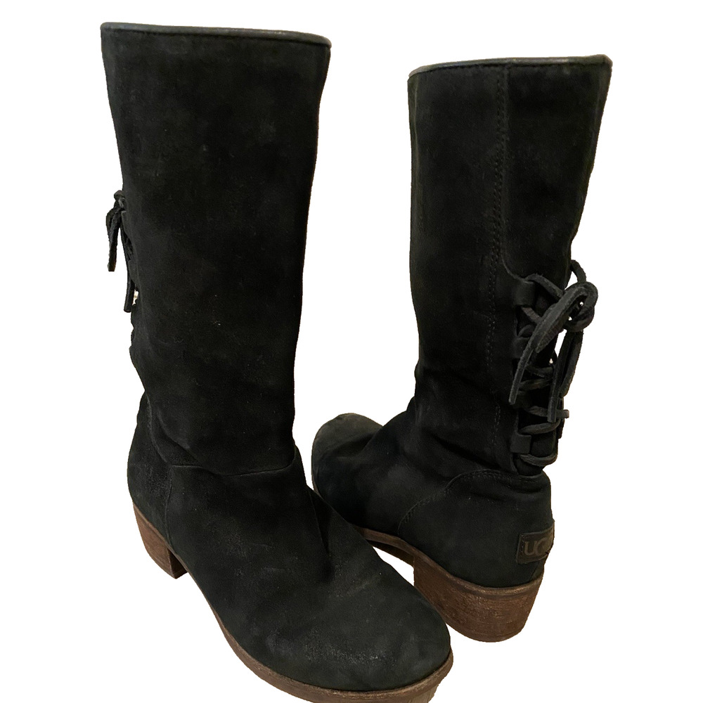 UGG Cary Black Suede Leather Lace up Block‎ Heel Mid Calf Boots 6 1005949
